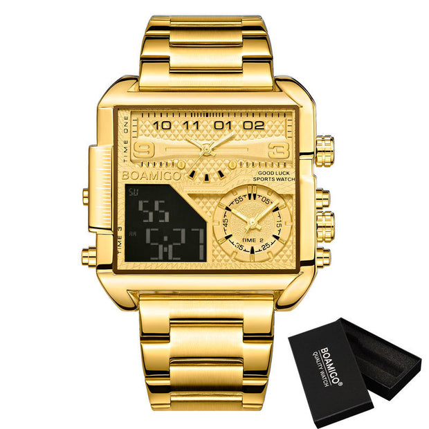 BOAMIGO New Top Brand Luxury Fashion Men Watches Gold Stainless Steel Sport Square Digital Analog Big Quartz Watch for Men